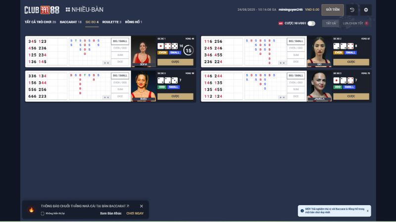 M88 cung cấp đa dạng các bàn chơi sicbo livestream