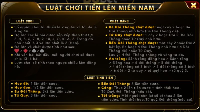 Luật chơi Tiến Lên Miền Nam được quy định rõ ràng tại nhà cái